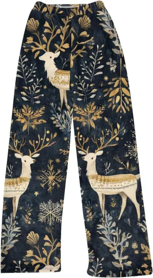 Womens Plush Pajama Pants Wide Leg Boho Floral Print Fluffy Winter Warm Fuzzy Fleece Lounge Bottoms Sleepwear