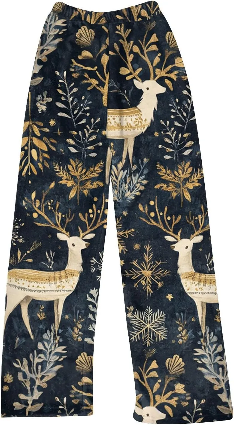 Womens Plush Pajama Pants Wide Leg Boho Floral Print Fluffy Winter Warm Fuzzy Fleece Lounge Bottoms Sleepwear
