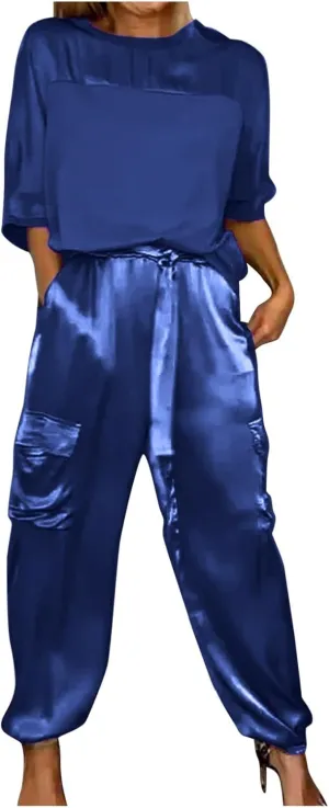 Womens Satin 2 Piece Outfits Silk Lounge Sets 3/4 Sleeve Patchwork Tops and Wide Leg Satin Pants Sets Loungewear
