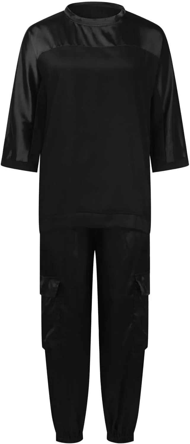 Womens Satin 2 Piece Outfits Silk Lounge Sets 3/4 Sleeve Patchwork Tops and Wide Leg Satin Pants Sets Loungewear