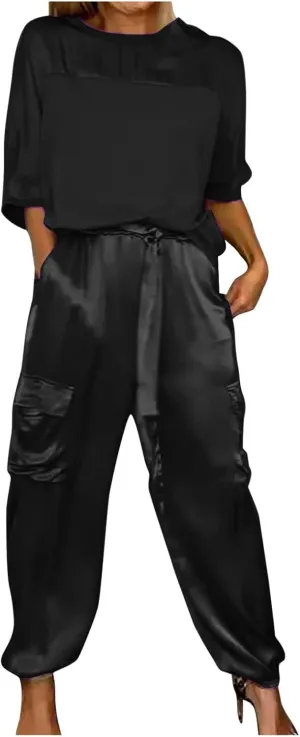 Womens Satin 2 Piece Outfits Silk Lounge Sets 3/4 Sleeve Patchwork Tops and Wide Leg Satin Pants Sets Loungewear