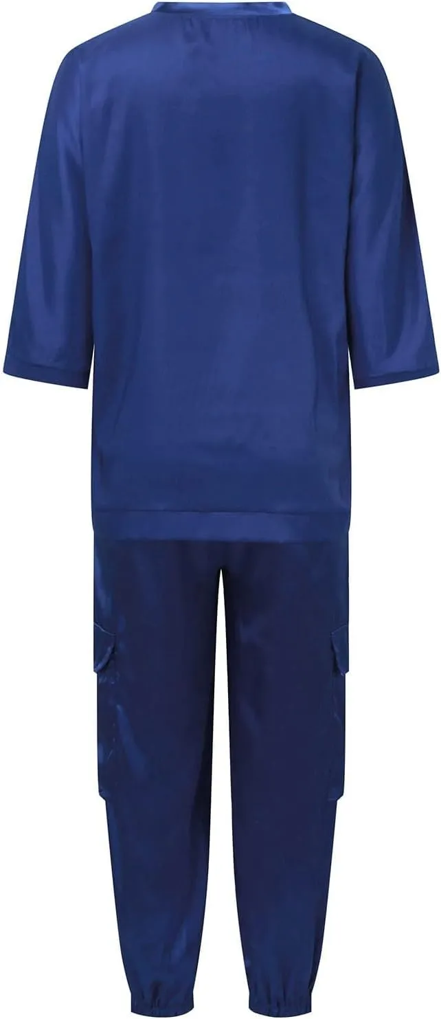Womens Satin 2 Piece Outfits Silk Lounge Sets 3/4 Sleeve Patchwork Tops and Wide Leg Satin Pants Sets Loungewear