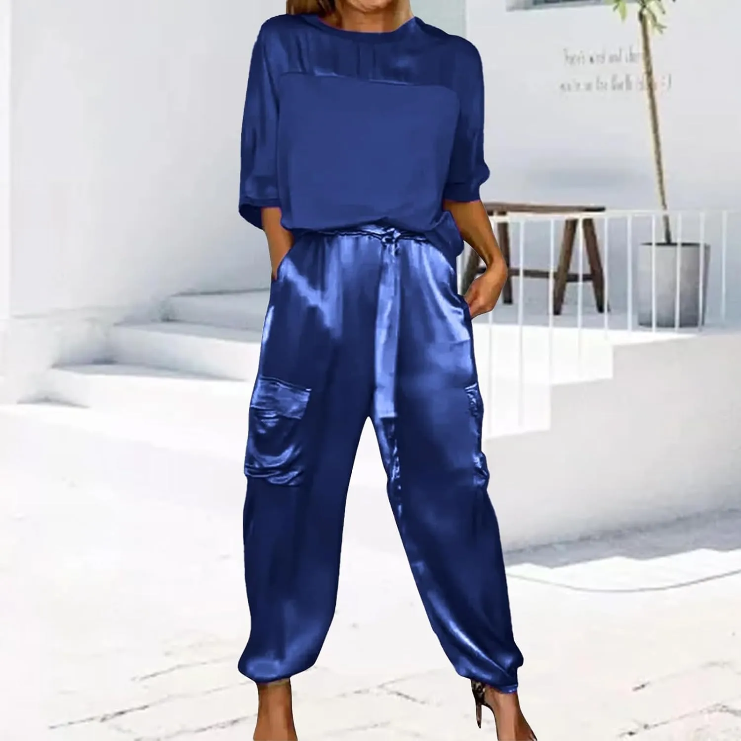 Womens Satin 2 Piece Outfits Silk Lounge Sets 3/4 Sleeve Patchwork Tops and Wide Leg Satin Pants Sets Loungewear