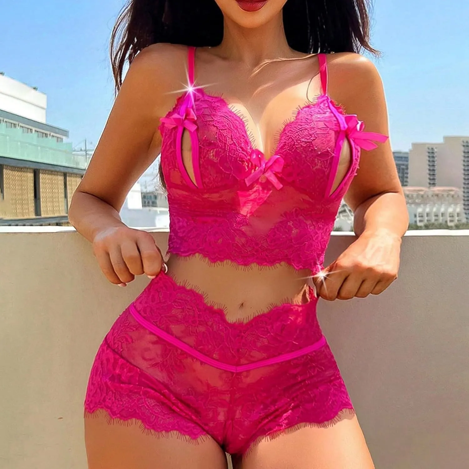 Women's Sexy Soft Lace Lingerie Set See Through Underwear Floral Lace Chain Babydoll Bra and Panty Sets 2 Piece