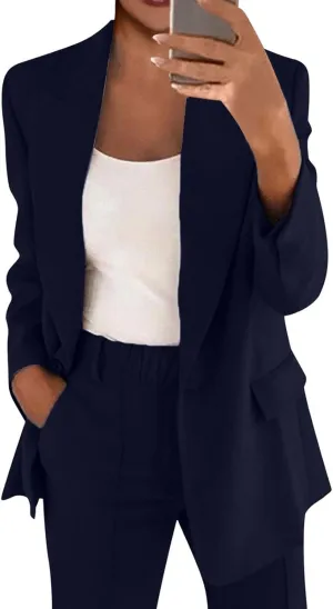 Women's Spring/Fall Two Piece Outfits Dressy Blazer Jacket and Wide Leg Pants Pockets Business Casual Office Suit Sets
