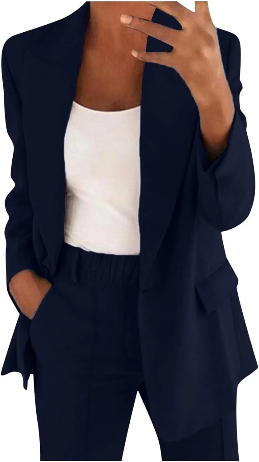 Women's Spring/Fall Two Piece Outfits Dressy Blazer Jacket and Wide Leg Pants Pockets Business Casual Office Suit Sets