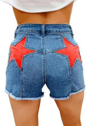 Women's Stretch High Waisted Denim Shorts Star Patchwork Frayed Raw Hem Casual Jean Shorts