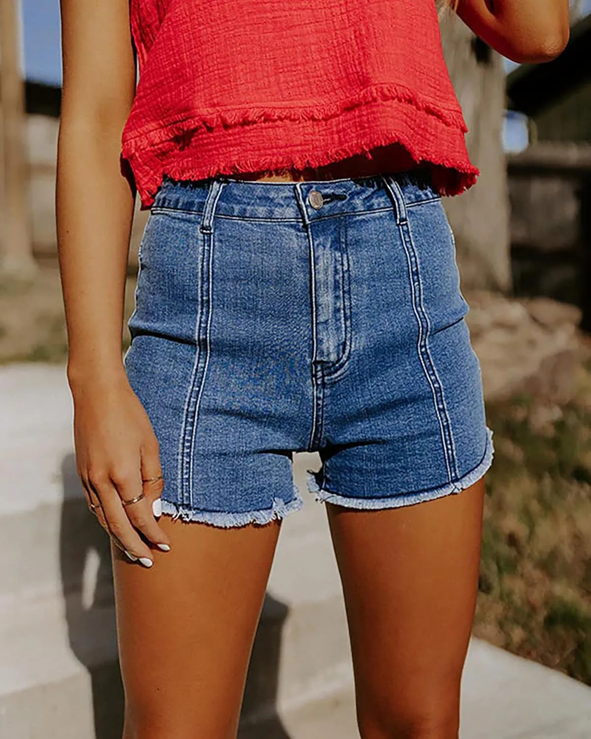 Women's Stretch High Waisted Denim Shorts Star Patchwork Frayed Raw Hem Casual Jean Shorts