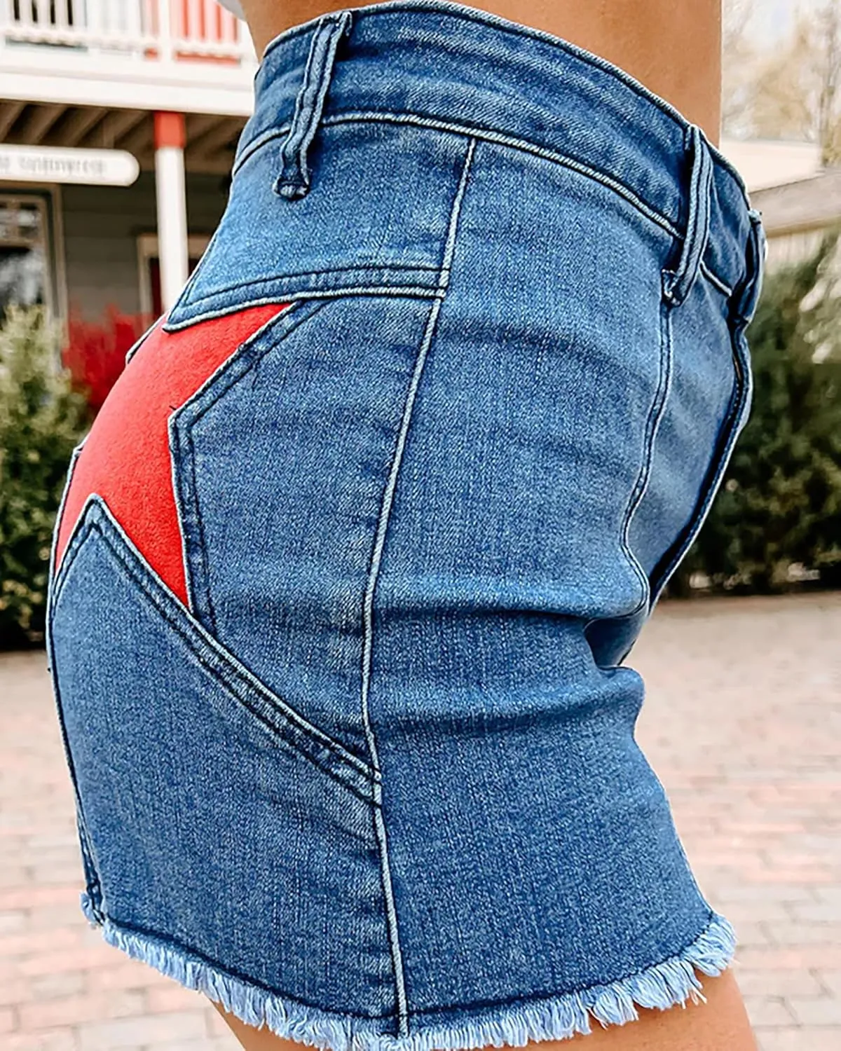 Women's Stretch High Waisted Denim Shorts Star Patchwork Frayed Raw Hem Casual Jean Shorts