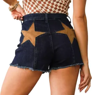 Women's Stretch High Waisted Denim Shorts Star Patchwork Frayed Raw Hem Casual Jean Shorts