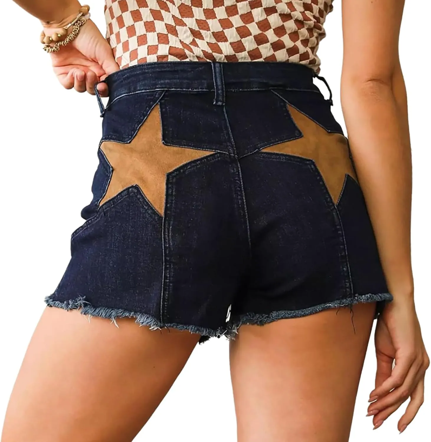 Women's Stretch High Waisted Denim Shorts Star Patchwork Frayed Raw Hem Casual Jean Shorts