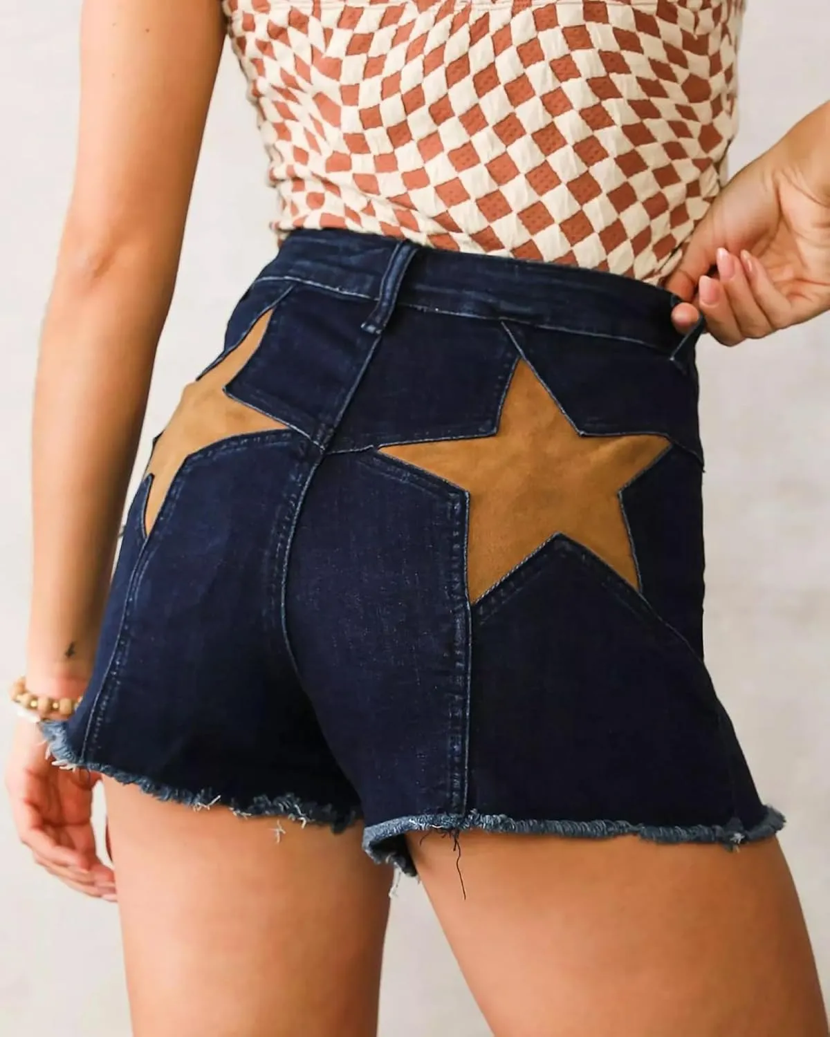Women's Stretch High Waisted Denim Shorts Star Patchwork Frayed Raw Hem Casual Jean Shorts