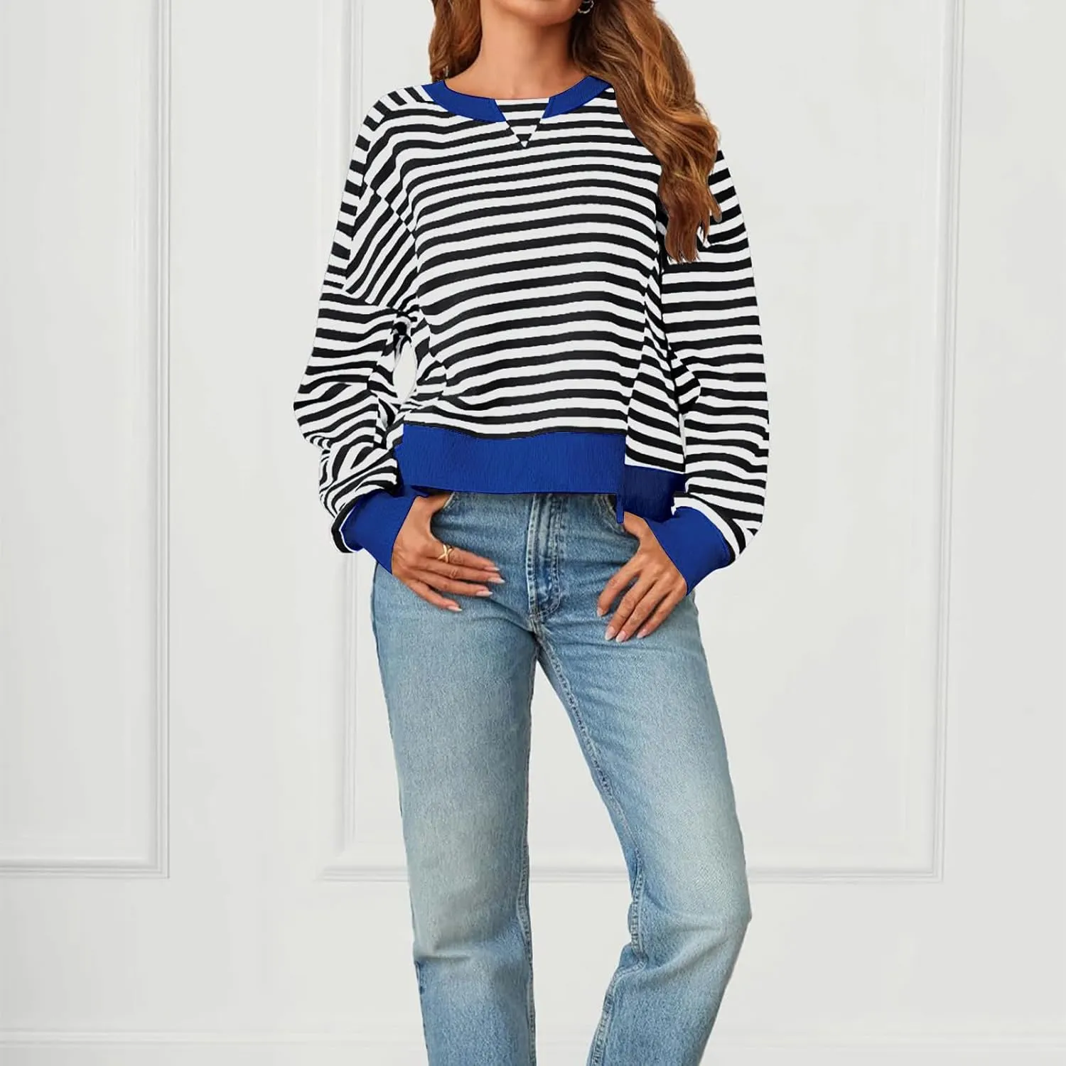 Womens Striped Cropped Sweatshirt Casual Long Sleeve Pullover Shirts Color Block Trendy Fall Clothing Cute Tunic Tops