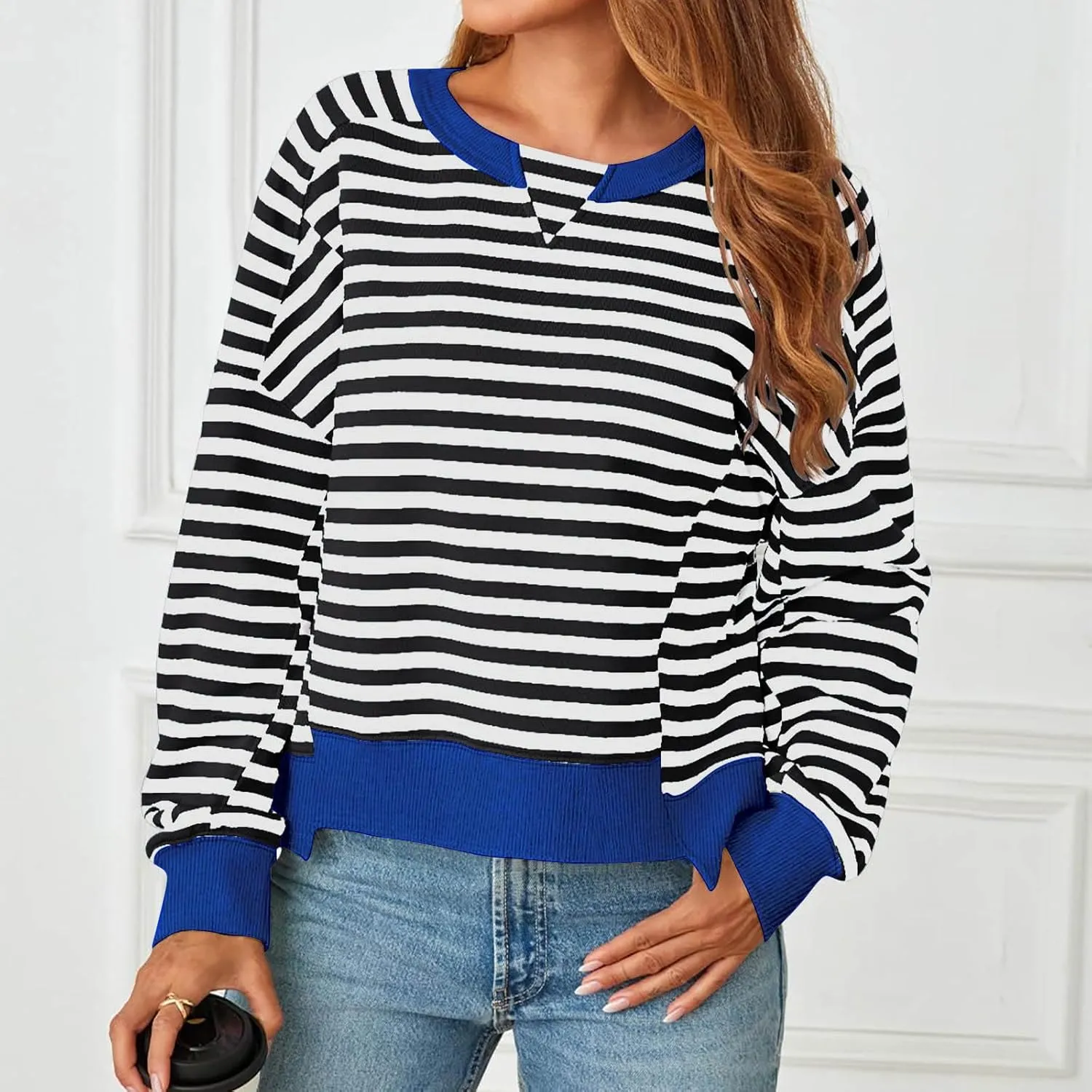 Womens Striped Cropped Sweatshirt Casual Long Sleeve Pullover Shirts Color Block Trendy Fall Clothing Cute Tunic Tops