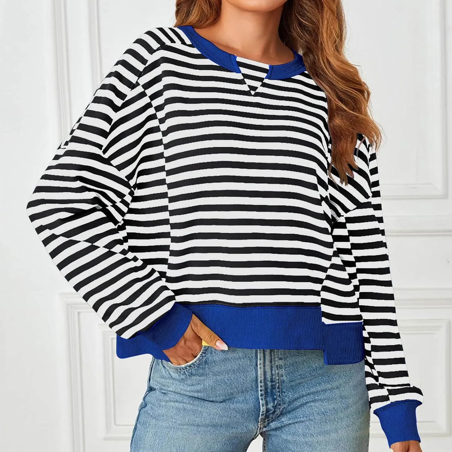 Womens Striped Cropped Sweatshirt Casual Long Sleeve Pullover Shirts Color Block Trendy Fall Clothing Cute Tunic Tops
