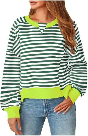 Womens Striped Cropped Sweatshirt Casual Long Sleeve Pullover Shirts Color Block Trendy Fall Clothing Cute Tunic Tops