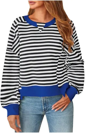 Womens Striped Cropped Sweatshirt Casual Long Sleeve Pullover Shirts Color Block Trendy Fall Clothing Cute Tunic Tops
