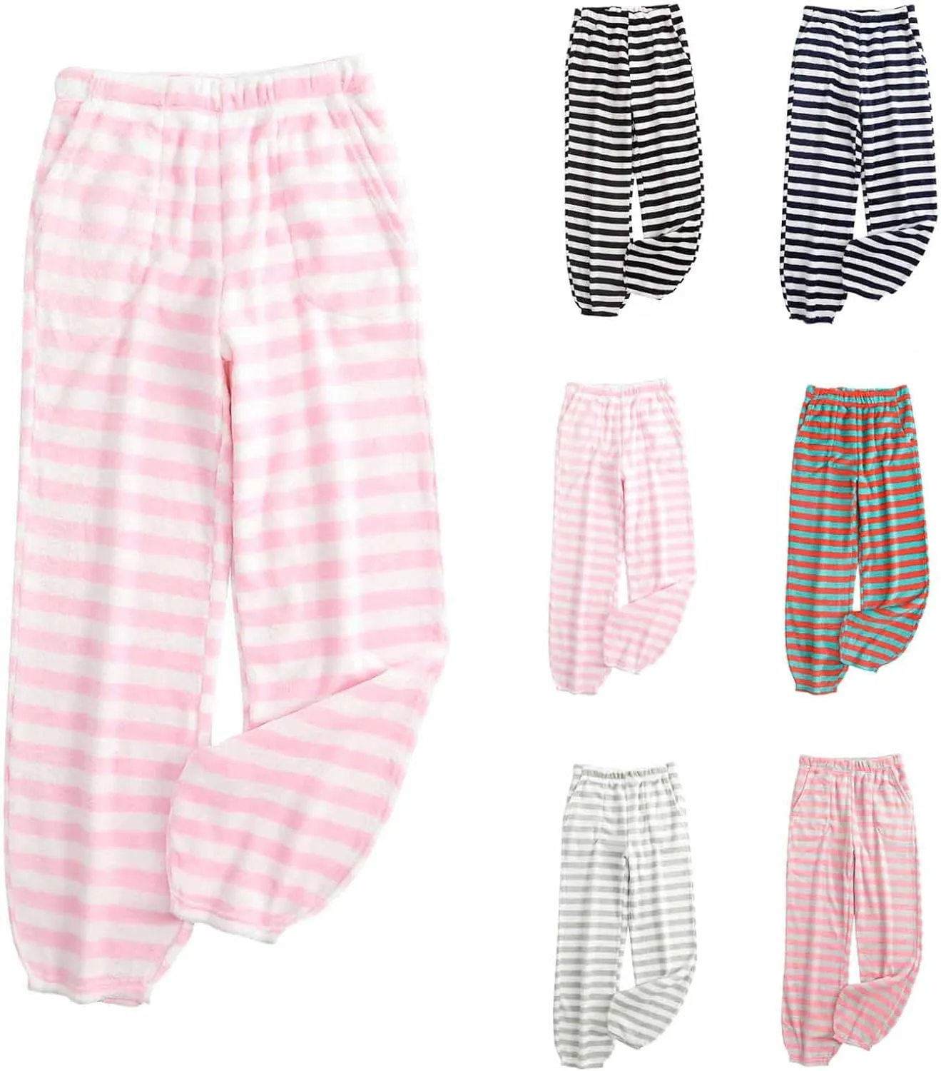 Women's Striped Flannel Pajama Pants Soft Fleece Pj Pants Warm Comfy Lounge Sleepwear High Waist Bottoms with Pockets