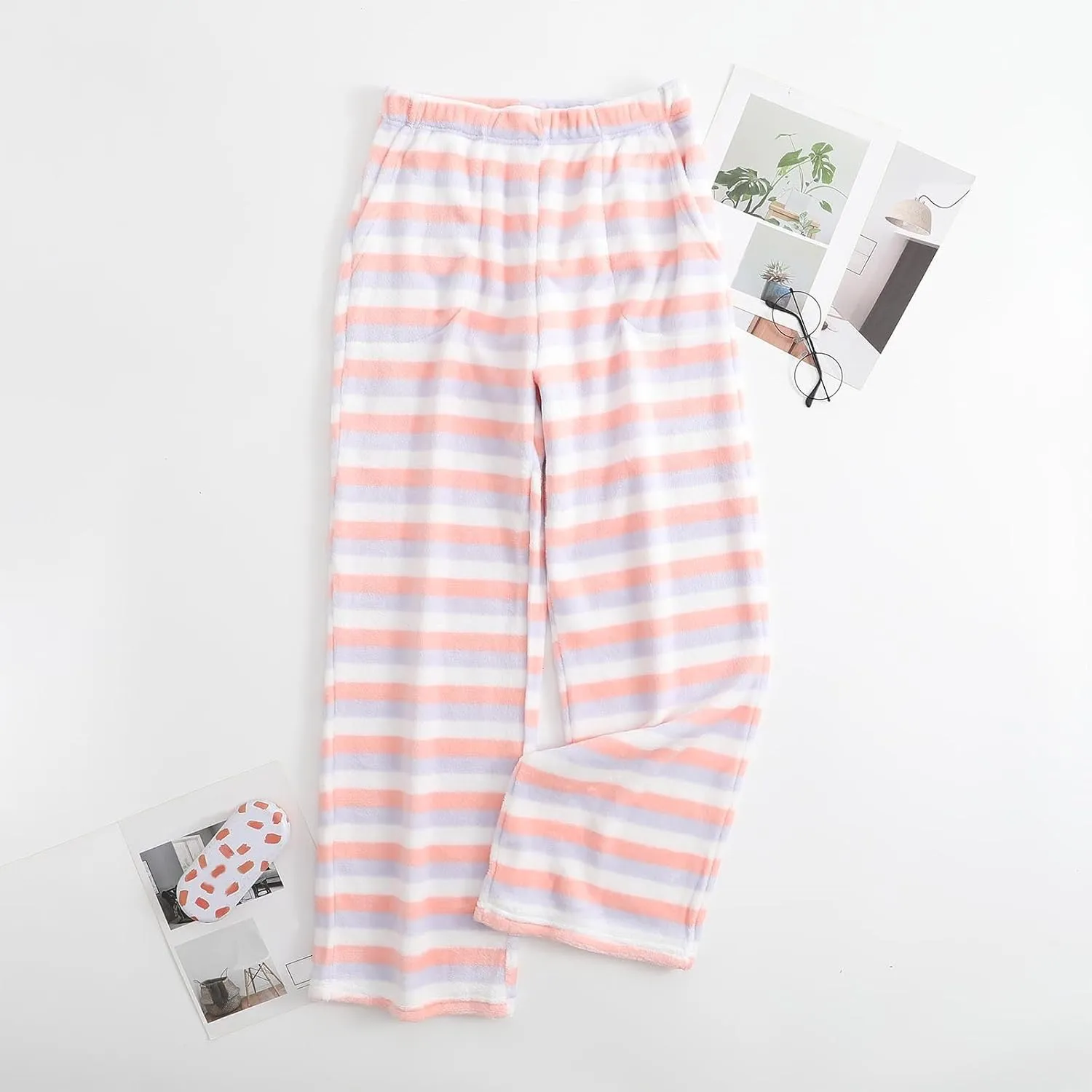 Women's Striped Flannel Pajama Pants Soft Fleece Pj Pants Warm Comfy Lounge Sleepwear High Waist Bottoms with Pockets