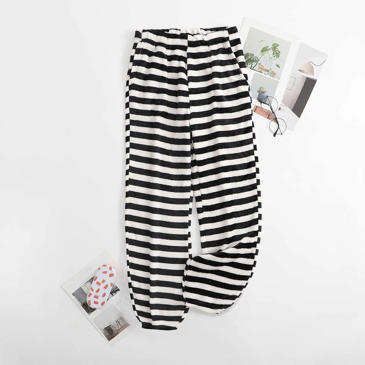 Women's Striped Flannel Pajama Pants Soft Fleece Pj Pants Warm Comfy Lounge Sleepwear High Waist Bottoms with Pockets