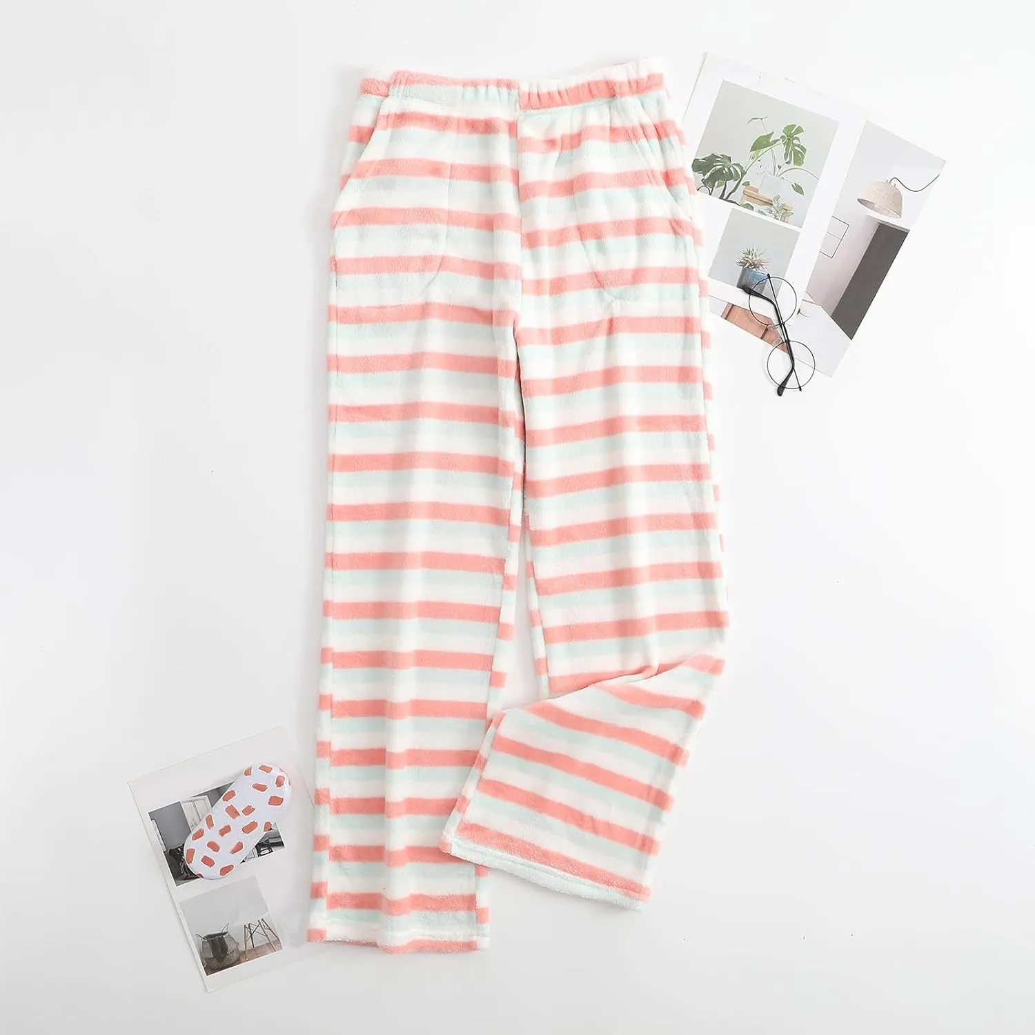 Women's Striped Flannel Pajama Pants Soft Fleece Pj Pants Warm Comfy Lounge Sleepwear High Waist Bottoms with Pockets