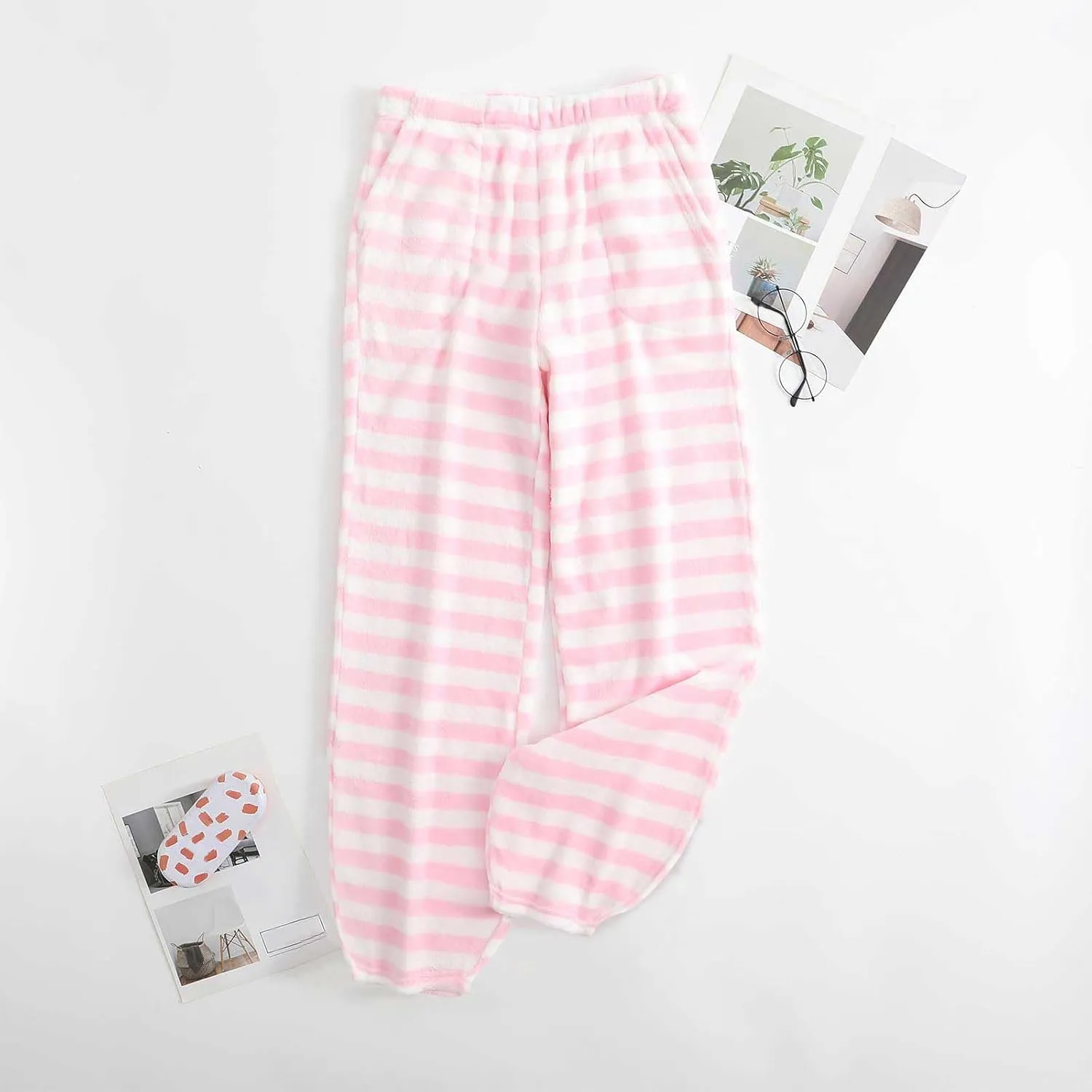 Women's Striped Flannel Pajama Pants Soft Fleece Pj Pants Warm Comfy Lounge Sleepwear High Waist Bottoms with Pockets
