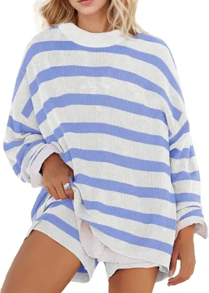 Womens Striped Pajama Sets 2 Piece Lounge Sets Long Sleeve Top and Shorts Loungewear Knit Sweater Sleepwear Pjs Blue S