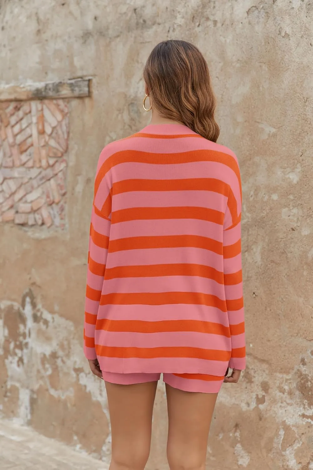 Womens Striped Pajama Sets 2 Piece Lounge Sets Long Sleeve Top and Shorts Loungewear Knit Sweater Sleepwear Pjs