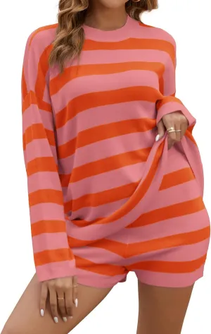 Womens Striped Pajama Sets 2 Piece Lounge Sets Long Sleeve Top and Shorts Loungewear Knit Sweater Sleepwear Pjs