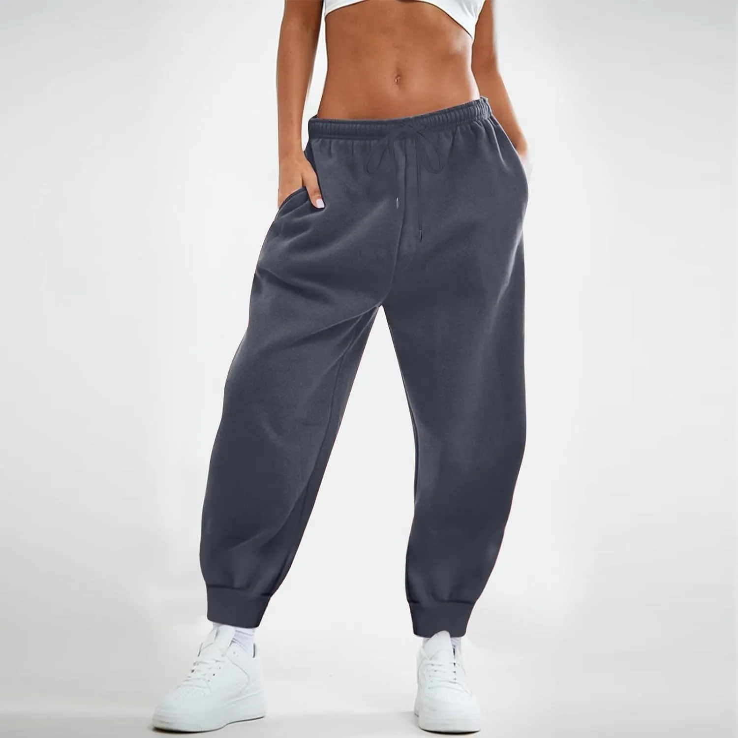 Womens Sweatpants with Pockets Elastic Waist Soft Fall Workout High Waisted Baggy Fleece Sweat Pants with Pockets