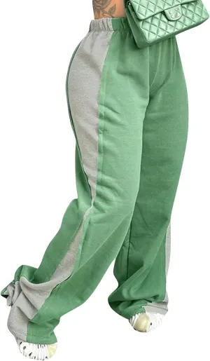 Women's Wide Leg Sweatpants 2025 Trendy Drawstring High Waisted Casual Trousers Jogger Pant Color Block Sweat Pants
