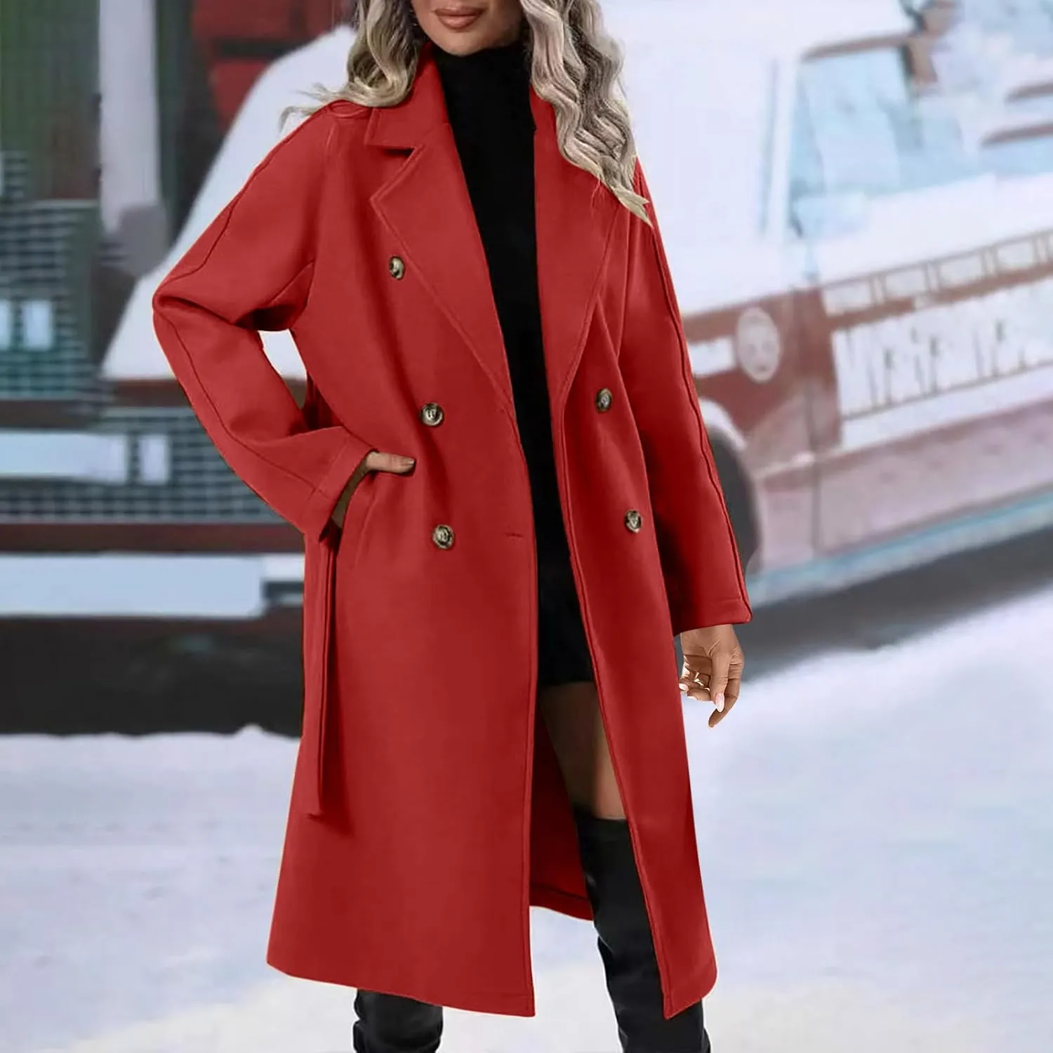 Women's Wool Blend Pea Coat Lapel Double Breasted Coat Trendy Warm Jacket Business Overcoat Trench Coats with Belt
