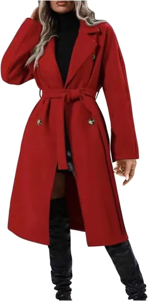 Women's Wool Blend Pea Coat Lapel Double Breasted Coat Trendy Warm Jacket Business Overcoat Trench Coats with Belt