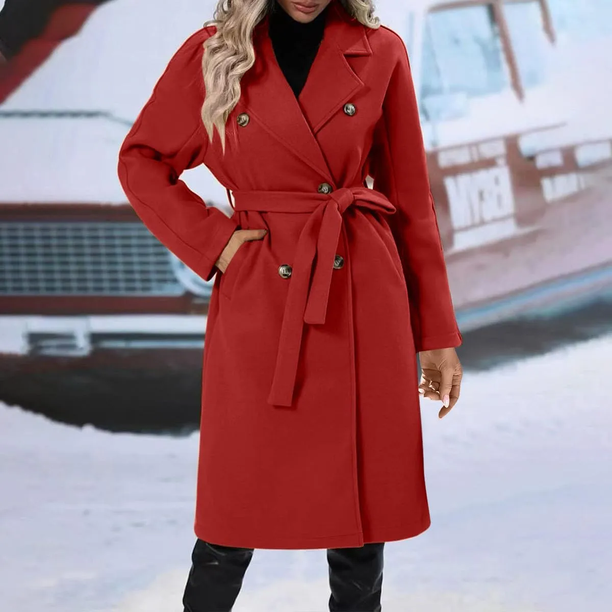 Women's Wool Blend Pea Coat Lapel Double Breasted Coat Trendy Warm Jacket Business Overcoat Trench Coats with Belt