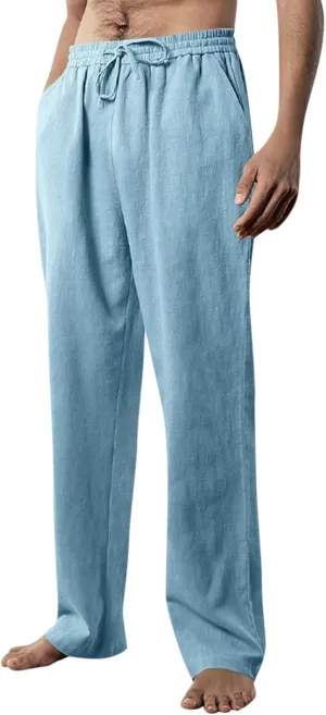Work Pants for Men Lightweight Soft Cotton Linen Pants 2025 Summer Casual Elastic Waist Lounge Pants with Pockets