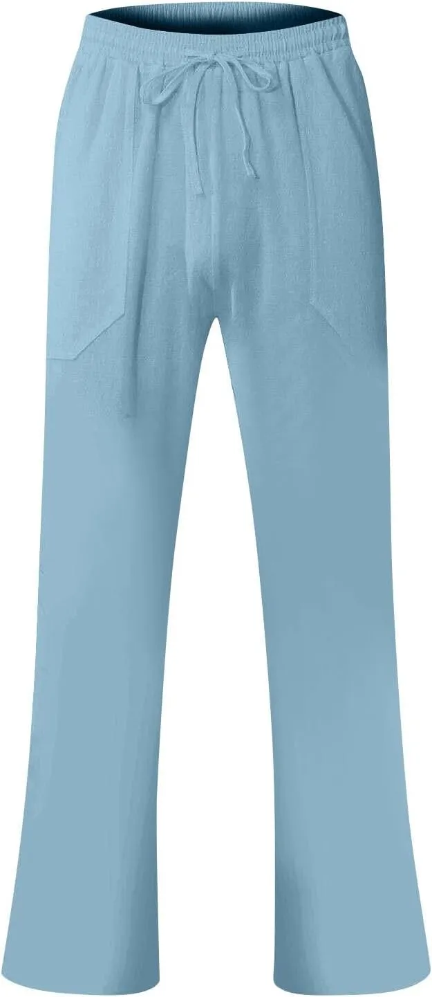Work Pants for Men Lightweight Soft Cotton Linen Pants 2025 Summer Casual Elastic Waist Lounge Pants with Pockets