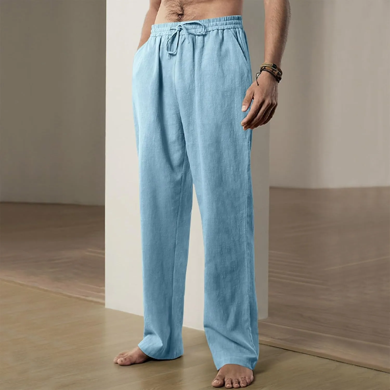 Work Pants for Men Lightweight Soft Cotton Linen Pants 2025 Summer Casual Elastic Waist Lounge Pants with Pockets