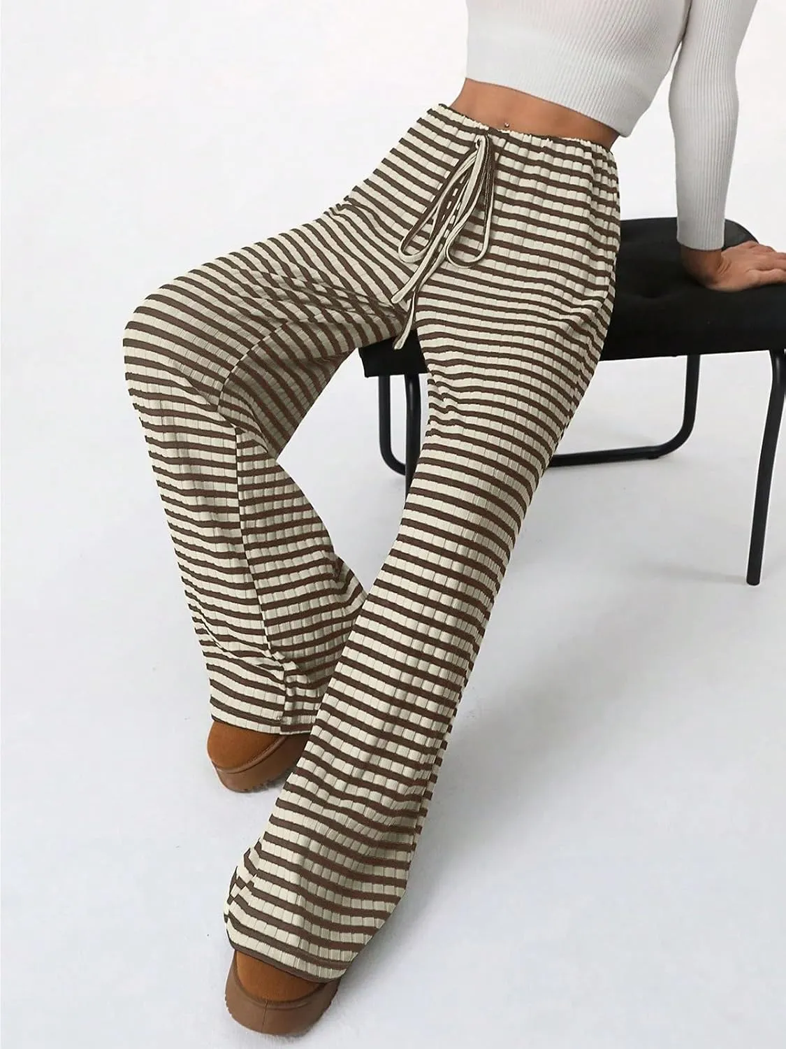 Wowcarbazole Women's Wide Leg Pants Striped Elastic High Waisted Casual Knit Palazzo Pants Drawstring Lounge Pajama Trousers
