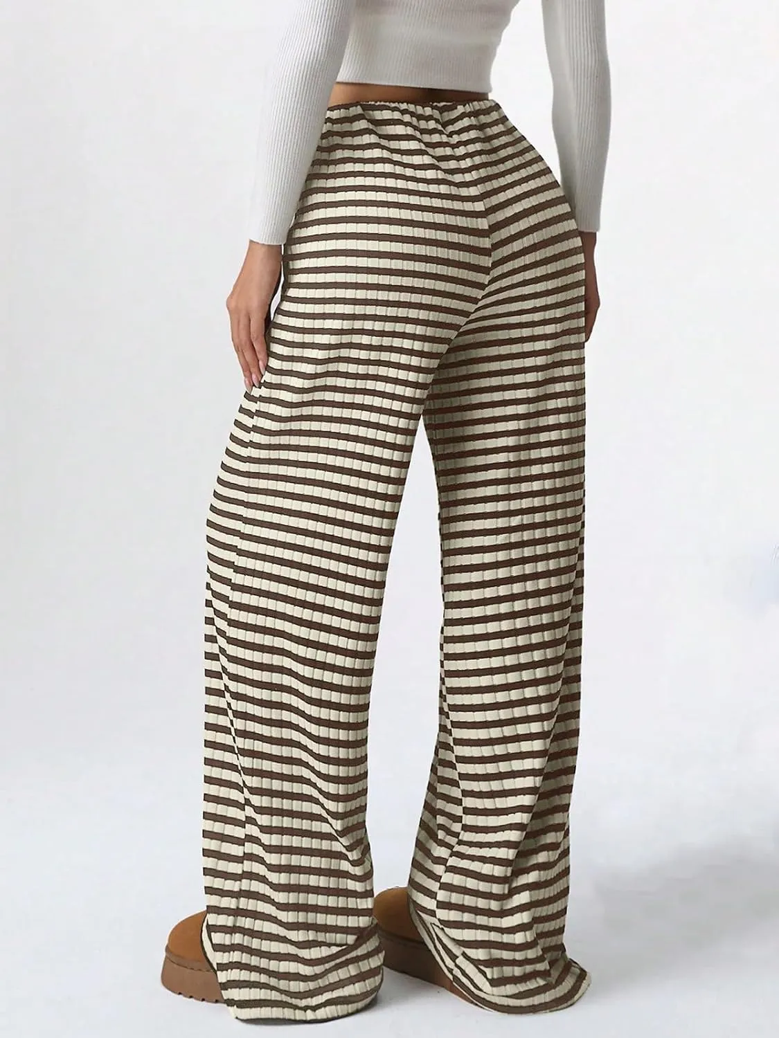 Wowcarbazole Women's Wide Leg Pants Striped Elastic High Waisted Casual Knit Palazzo Pants Drawstring Lounge Pajama Trousers