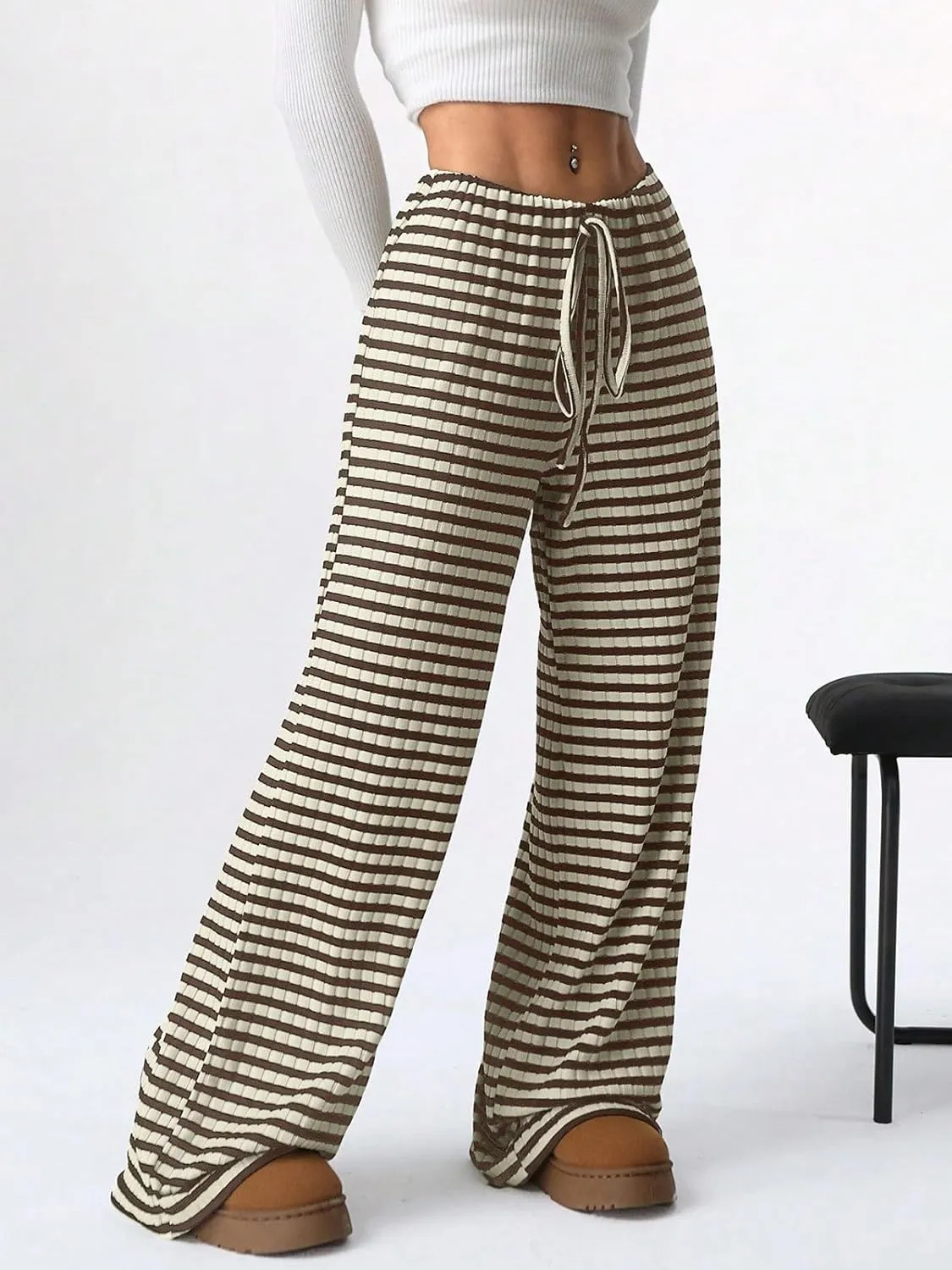 Wowcarbazole Women's Wide Leg Pants Striped Elastic High Waisted Casual Knit Palazzo Pants Drawstring Lounge Pajama Trousers