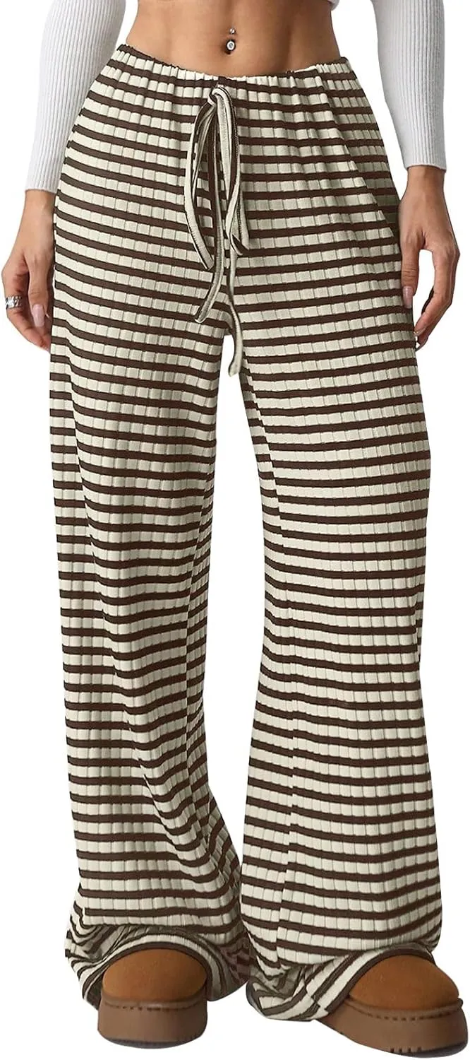 Wowcarbazole Women's Wide Leg Pants Striped Elastic High Waisted Casual Knit Palazzo Pants Drawstring Lounge Pajama Trousers