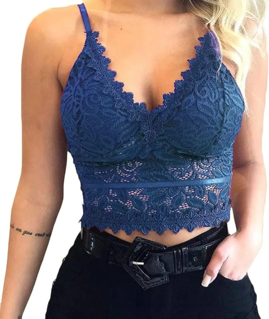 WUAI Women's Floral Lace Bralette Padded Breathable Sexy Racerback Wirefree Lace Bra Bandeau Crop Tops