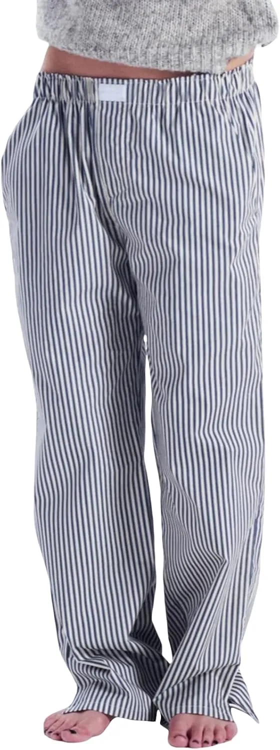 XBTCLXEBCO Women Y2K Striped Lounge Pants Elastic Waist Straight Wide Leg Pajama Bottoms Casual Going Out Trousers Pants