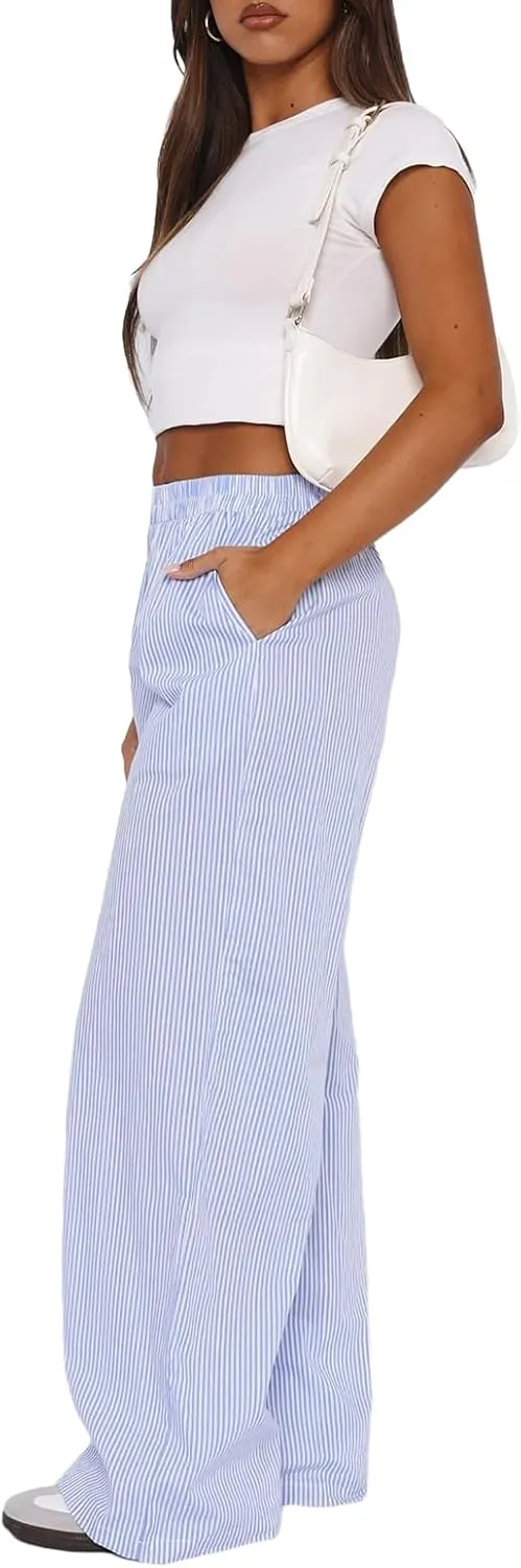 XBTCLXEBCO Women Y2K Striped Lounge Pants Elastic Waist Straight Wide Leg Pajama Bottoms Casual Going Out Trousers Pants