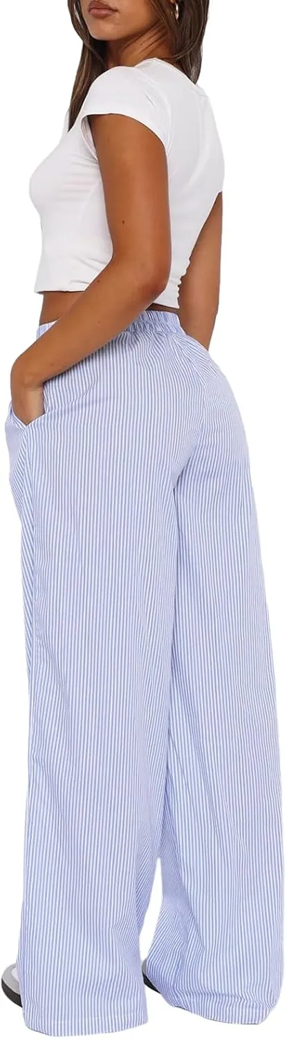 XBTCLXEBCO Women Y2K Striped Lounge Pants Elastic Waist Straight Wide Leg Pajama Bottoms Casual Going Out Trousers Pants