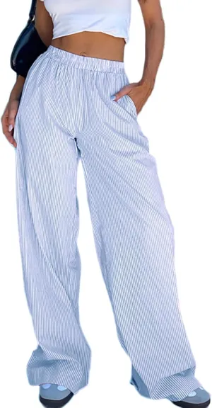 XBTCLXEBCO Women Y2K Striped Lounge Pants Elastic Waist Straight Wide Leg Pajama Bottoms Casual Going Out Trousers Pants
