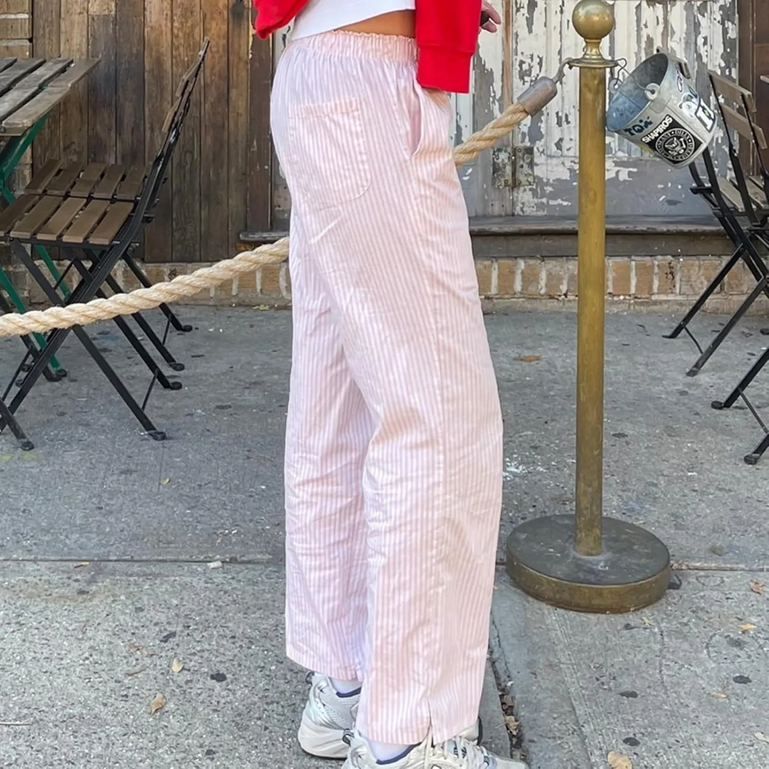 XBTCLXEBCO Women Y2K Striped Lounge Pants Elastic Waist Straight Wide Leg Pajama Bottoms Casual Going Out Trousers Pants
