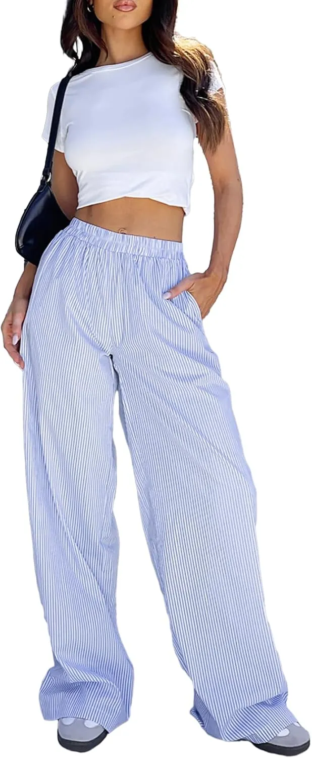 XBTCLXEBCO Women Y2K Striped Lounge Pants Elastic Waist Straight Wide Leg Pajama Bottoms Casual Going Out Trousers Pants
