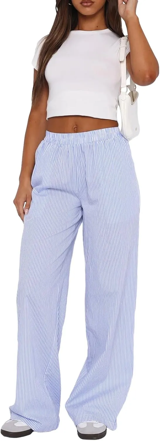 XBTCLXEBCO Women Y2K Striped Lounge Pants Elastic Waist Straight Wide Leg Pajama Bottoms Casual Going Out Trousers Pants