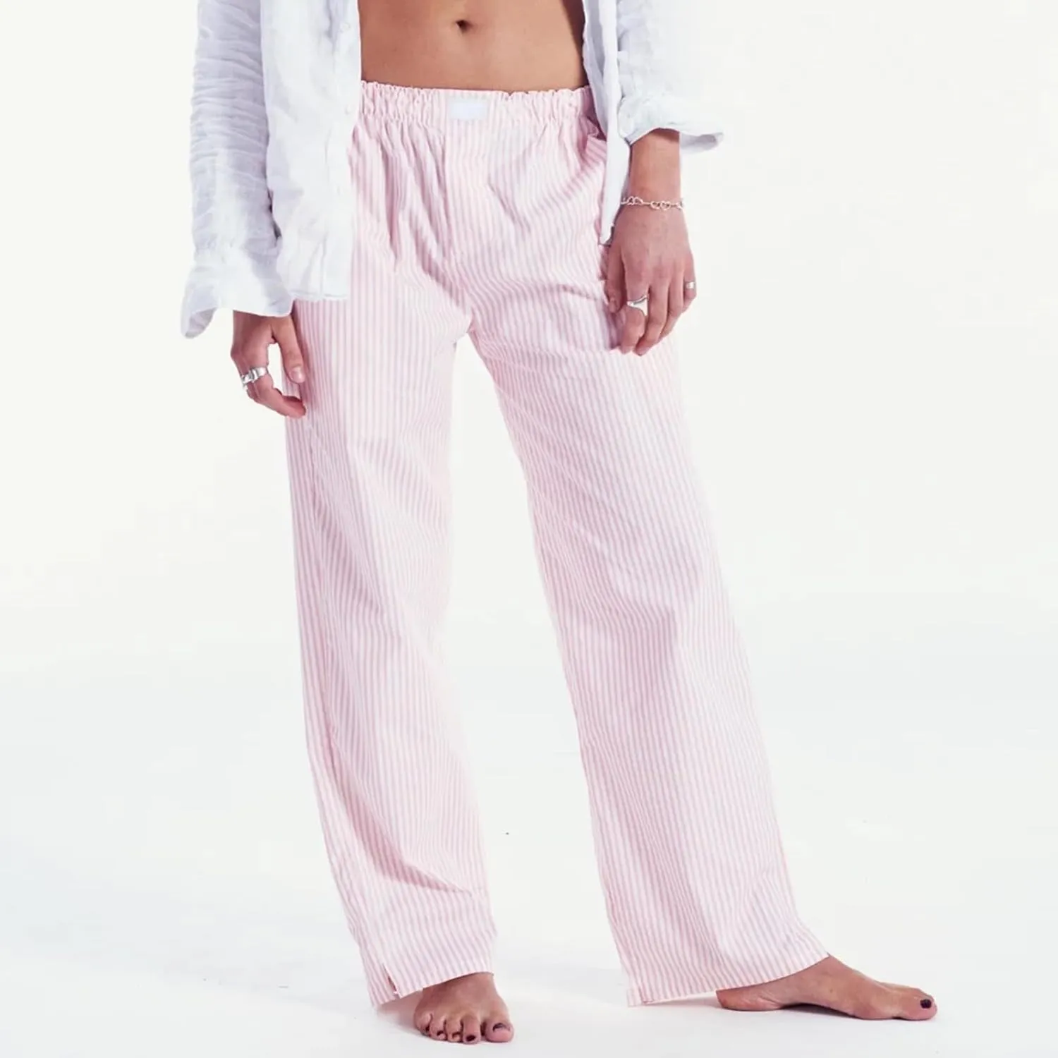 XBTCLXEBCO Women Y2K Striped Lounge Pants Elastic Waist Straight Wide Leg Pajama Bottoms Casual Going Out Trousers Pants